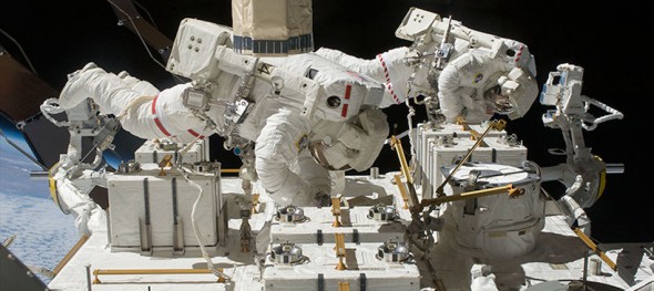 NASA astronauts Chris Cassidy and Tom Marshburn are shown during a spacewalk in 2009 on the International Space Station (ISS). The duo was called upon again for a spacewalk last week to repair an ammonia leak on the ISS. (NASA photos)