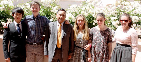 From left: Jae Heun Roe (grade 11), Rufus O’Dea (grade 11), Husain Haqqani, Elena Alcerro (grade 9), Nike Cosmides (grade 10), Genevieve Hatfield (grade 12)