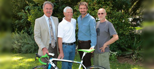 Gordon Sichi, Anacapa School’s founding headmaster; cycling coach Jack Bianchi; Ed France, executive director of Santa Barbara Bicycle Coalition; and Howard Booth, author of the “Pedal On” column in the Santa Barbara Independent pose alongside Barney Berglund’s racing bicycle. Proceeds from the auction of the bike this summer seeded the Barney Berglund Scholarship Fund at Anacapa School.