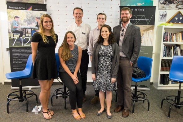 Current student, Lauren Sloan (left) stands with teacher and Anacapa alum Dillon Yuhasz, and other alumni: Heather Moore, Samantha Eve, Brookes Degan, and Connor Proctor.