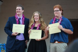 Seniors with Seniority Award winners, (from left) Ray Johnson, Elena Alcerro, and Charles Knowles. These students attended Anacapa School for 7th grade through 12 grade.